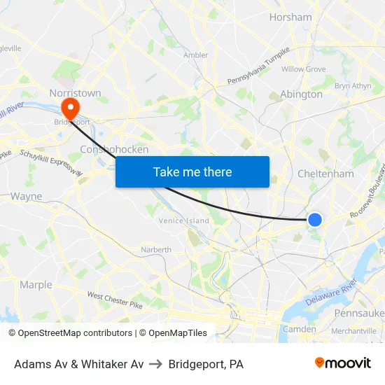 Adams Av & Whitaker Av to Bridgeport, PA map