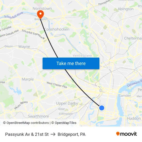 Passyunk Av & 21st St to Bridgeport, PA map