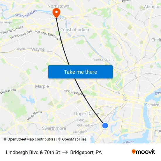 Lindbergh Blvd & 70th St to Bridgeport, PA map