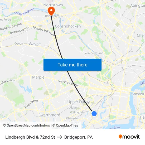 Lindbergh Blvd & 72nd St to Bridgeport, PA map