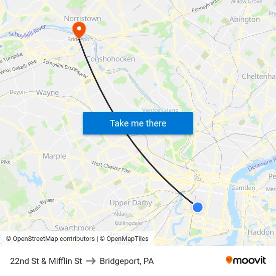 22nd St & Mifflin St to Bridgeport, PA map