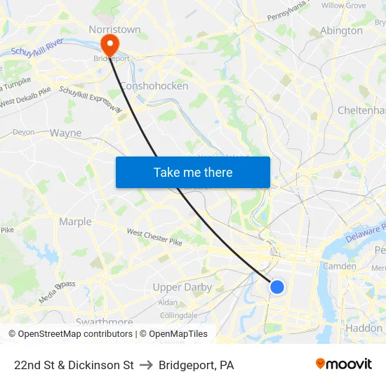 22nd St & Dickinson St to Bridgeport, PA map