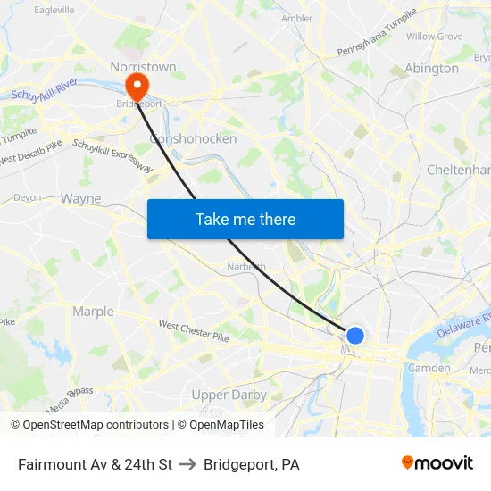 Fairmount Av & 24th St to Bridgeport, PA map