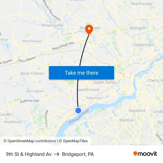 9th St & Highland Av to Bridgeport, PA map
