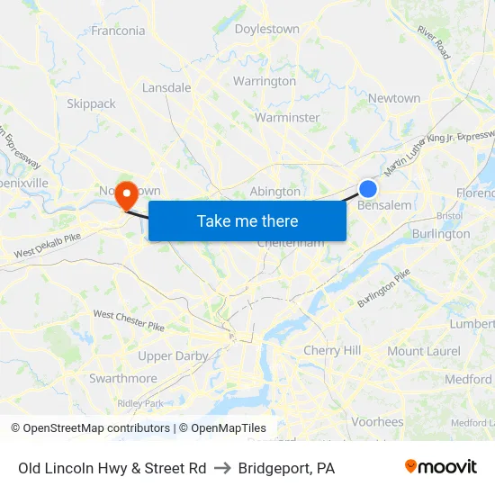 Old Lincoln Hwy & Street Rd to Bridgeport, PA map