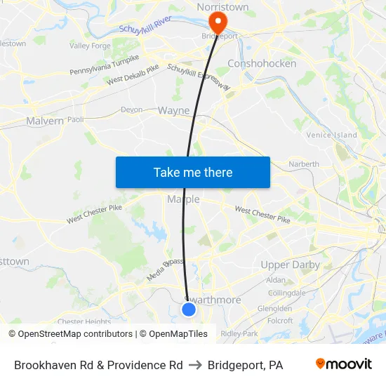 Brookhaven Rd & Providence Rd to Bridgeport, PA map
