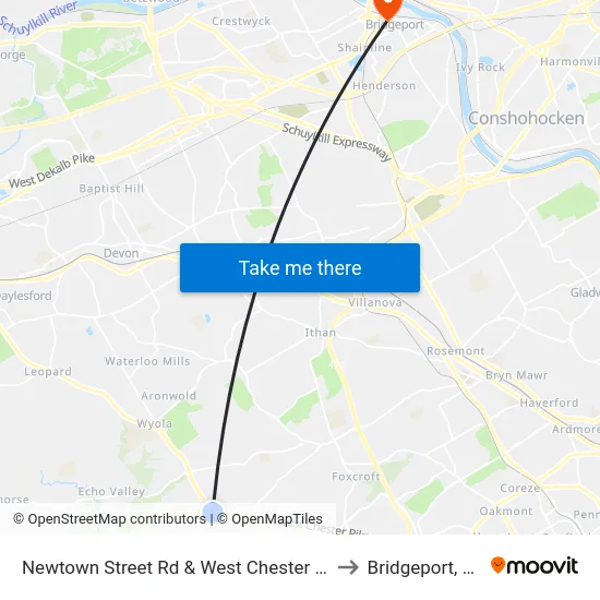 Newtown Street Rd & West Chester Pk to Bridgeport, PA map