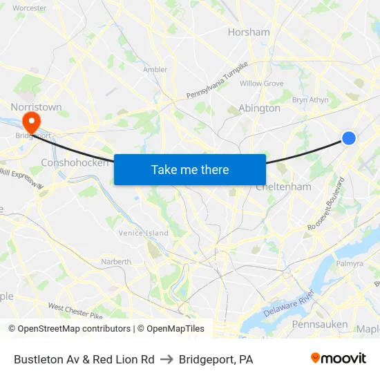 Bustleton Av & Red Lion Rd to Bridgeport, PA map