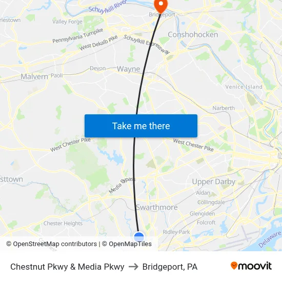 Chestnut Pkwy & Media Pkwy to Bridgeport, PA map