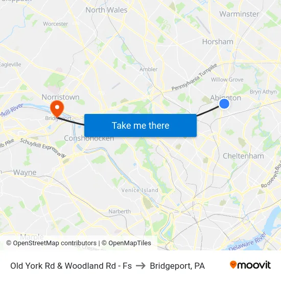Old York Rd & Woodland Rd - Fs to Bridgeport, PA map