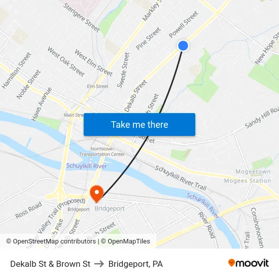 Dekalb St & Brown St to Bridgeport, PA map