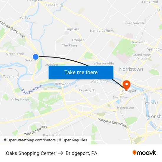 Oaks Shopping Center to Bridgeport, PA map