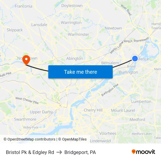 Bristol Pk & Edgley Rd to Bridgeport, PA map