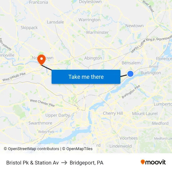 Bristol Pk & Station Av to Bridgeport, PA map
