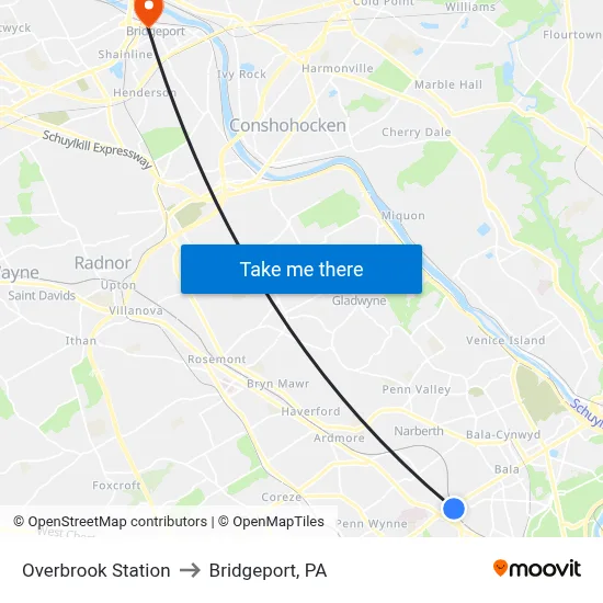 Overbrook Station to Bridgeport, PA map