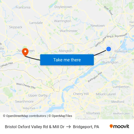 Bristol Oxford Valley Rd & Mill Dr to Bridgeport, PA map
