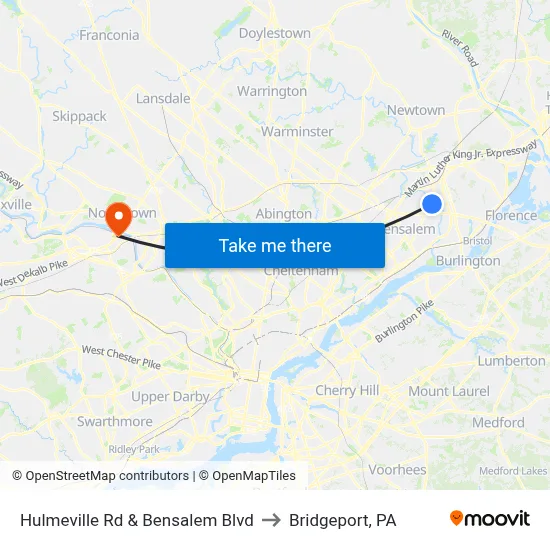 Hulmeville Rd & Bensalem Blvd to Bridgeport, PA map