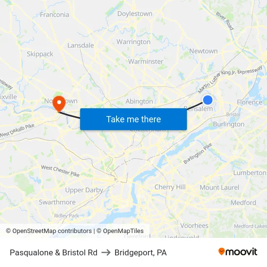 Pasqualone & Bristol Rd to Bridgeport, PA map