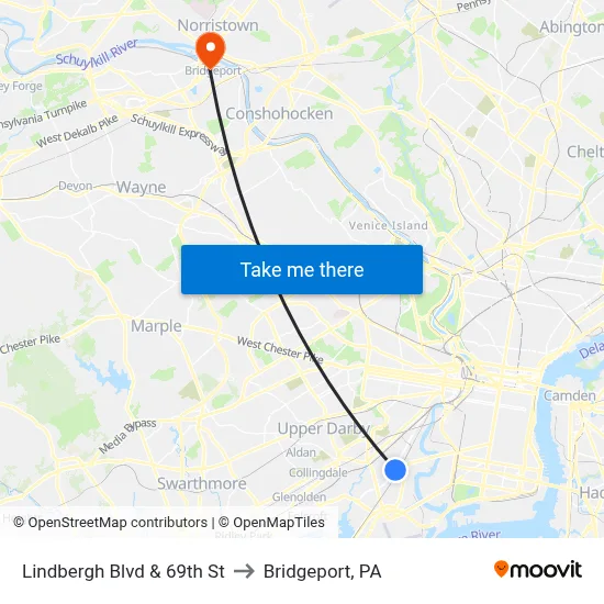 Lindbergh Blvd & 69th St to Bridgeport, PA map