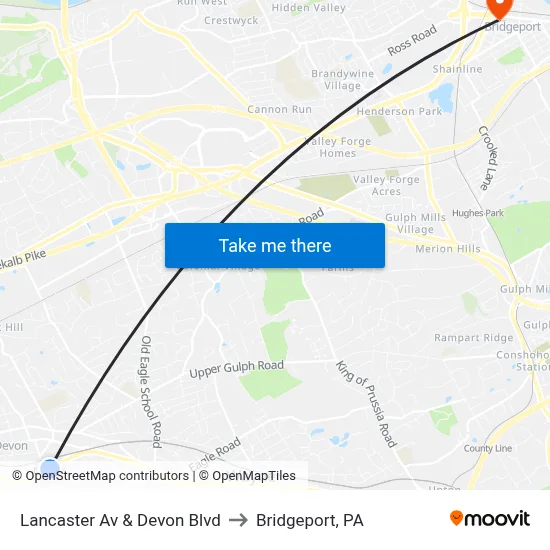 Lancaster Av & Devon Blvd to Bridgeport, PA map