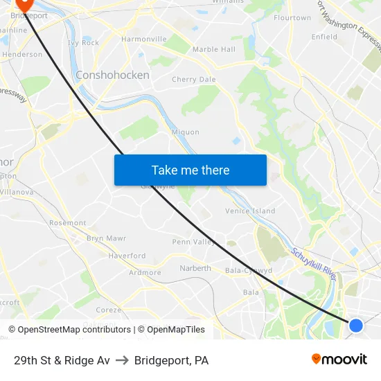 29th St & Ridge Av to Bridgeport, PA map