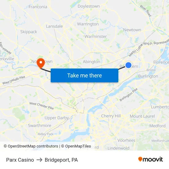 Parx Casino to Bridgeport, PA map
