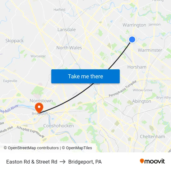 Easton Rd & Street Rd to Bridgeport, PA map