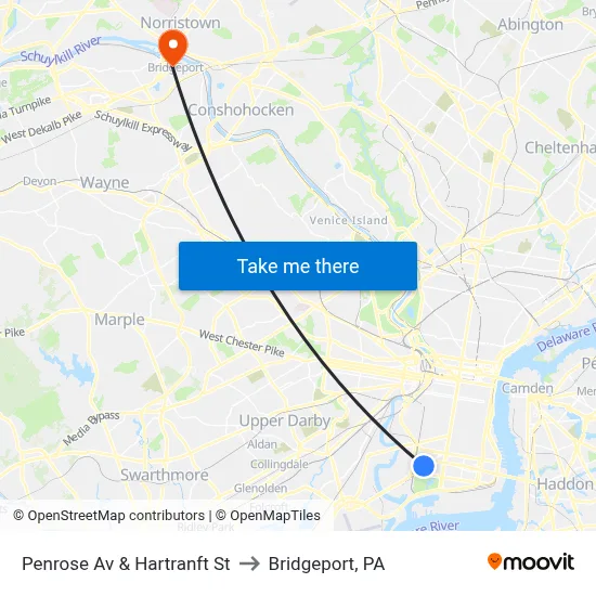 Penrose Av & Hartranft St to Bridgeport, PA map