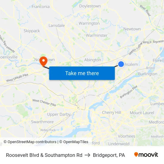 Roosevelt Blvd & Southampton Rd to Bridgeport, PA map