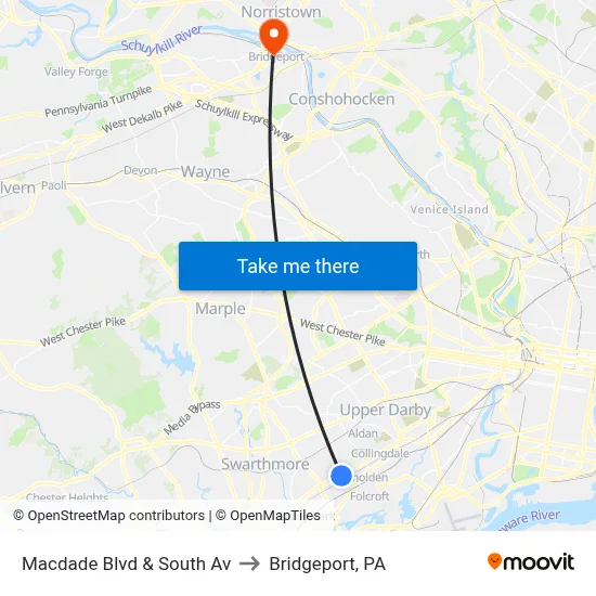 Macdade Blvd & South Av to Bridgeport, PA map