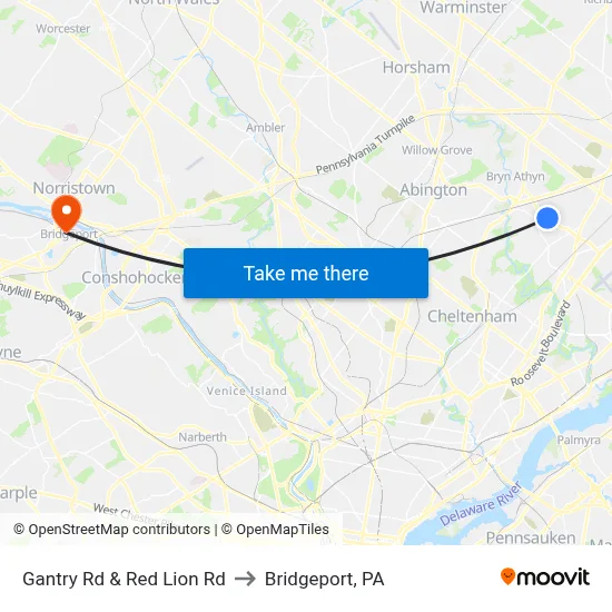 Gantry Rd & Red Lion Rd to Bridgeport, PA map