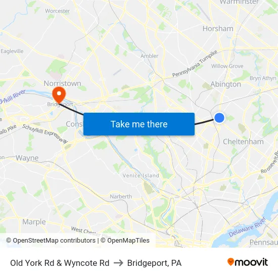 Old York Rd & Wyncote Rd to Bridgeport, PA map