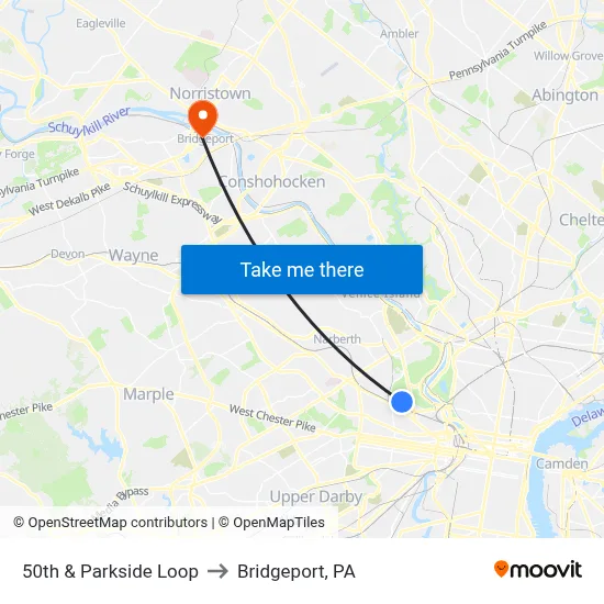 50th & Parkside Loop to Bridgeport, PA map