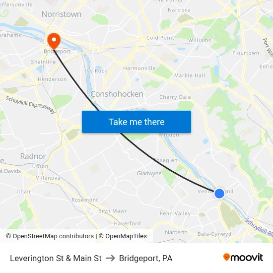Leverington St & Main St to Bridgeport, PA map