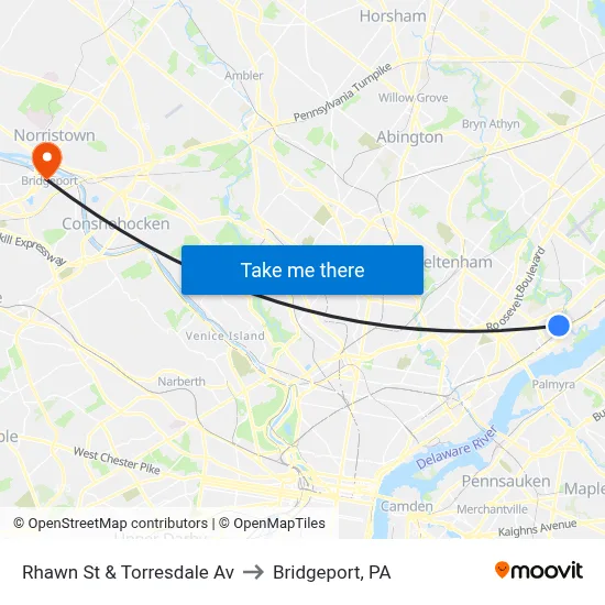 Rhawn St & Torresdale Av to Bridgeport, PA map