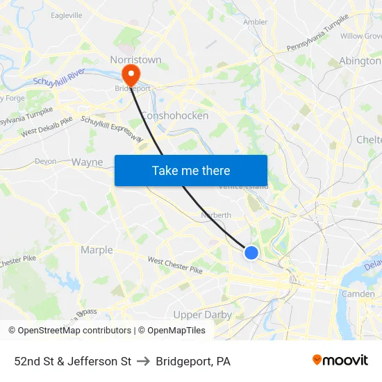 52nd St & Jefferson St to Bridgeport, PA map