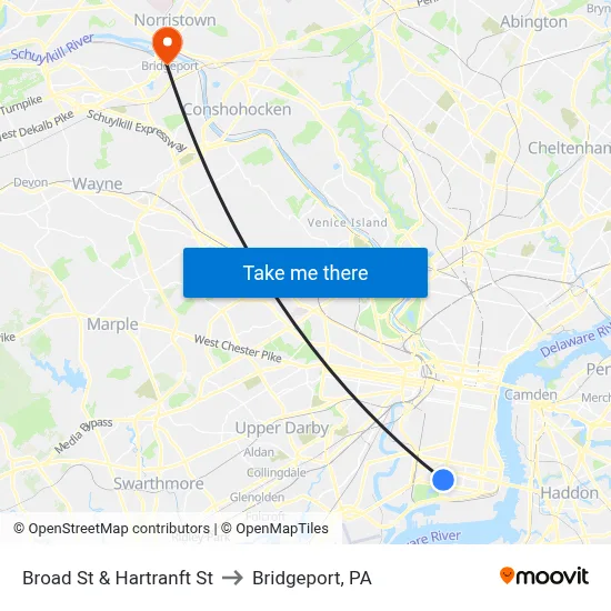 Broad St & Hartranft St to Bridgeport, PA map