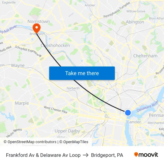 Frankford Av & Delaware Av Loop to Bridgeport, PA map
