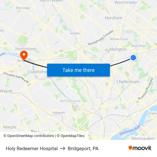 Holy Redeemer Hospital to Bridgeport, PA map