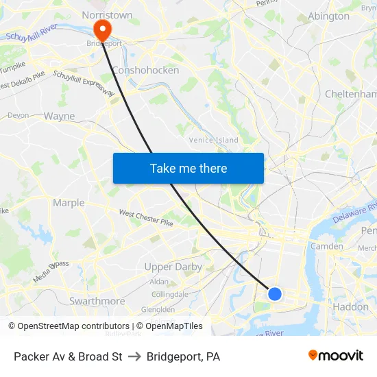 Packer Av & Broad St to Bridgeport, PA map