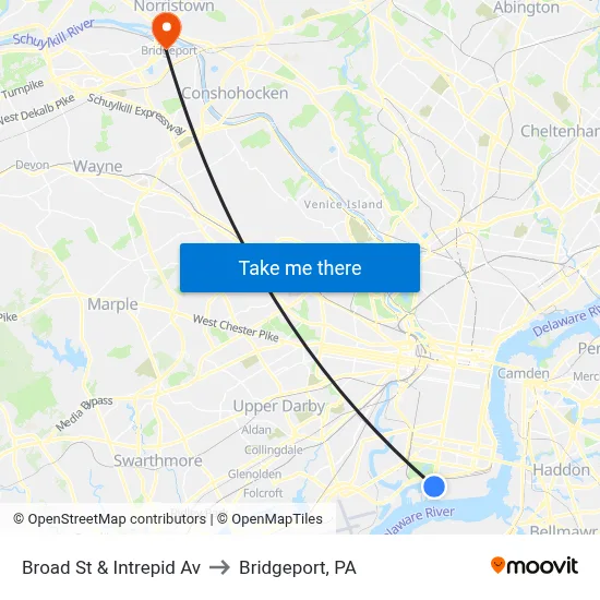 Broad St & Intrepid Av to Bridgeport, PA map