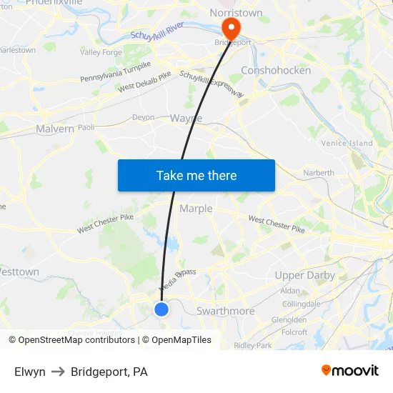 Elwyn to Bridgeport, PA map