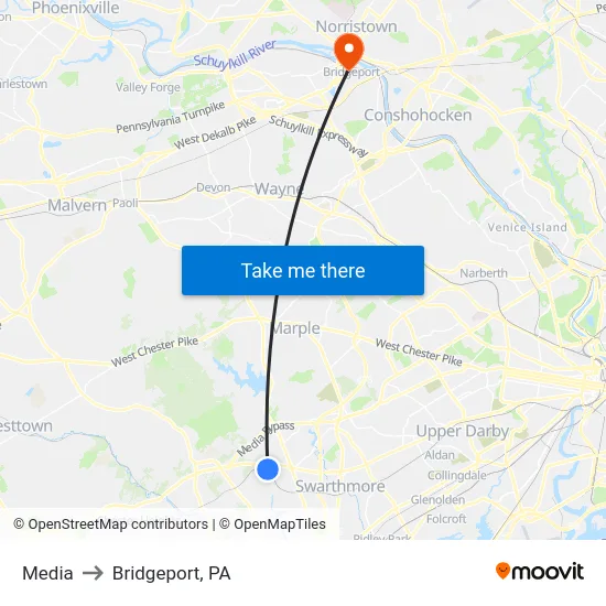 Media to Bridgeport, PA map