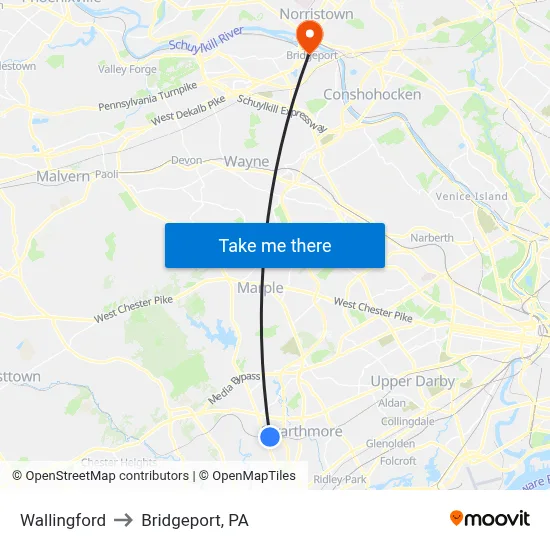 Wallingford to Bridgeport, PA map