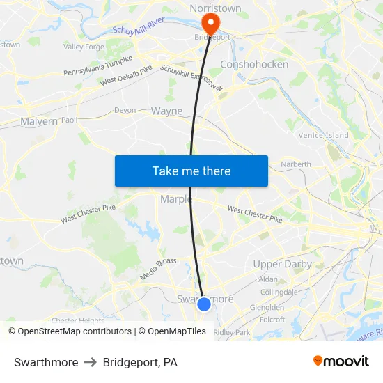 Swarthmore to Bridgeport, PA map