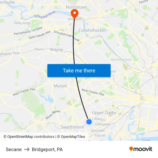 Secane to Bridgeport, PA map