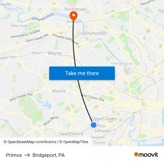 Primos to Bridgeport, PA map