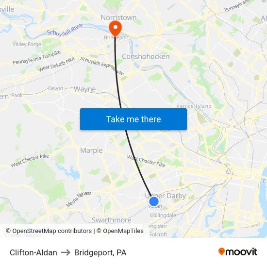 Clifton-Aldan to Bridgeport, PA map