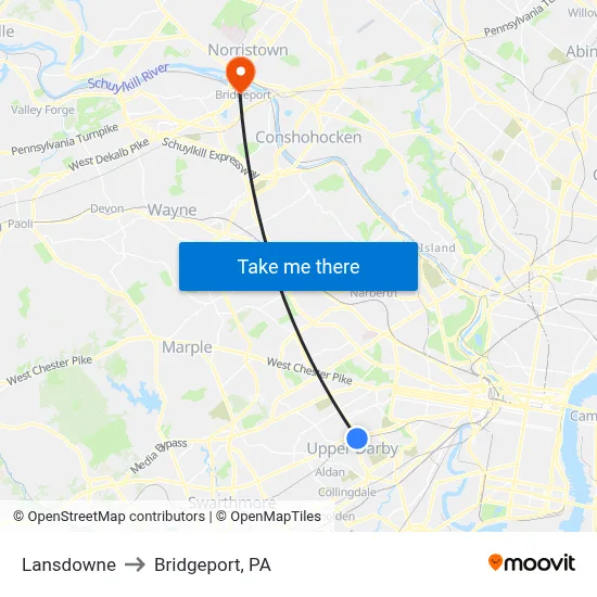 Lansdowne to Bridgeport, PA map