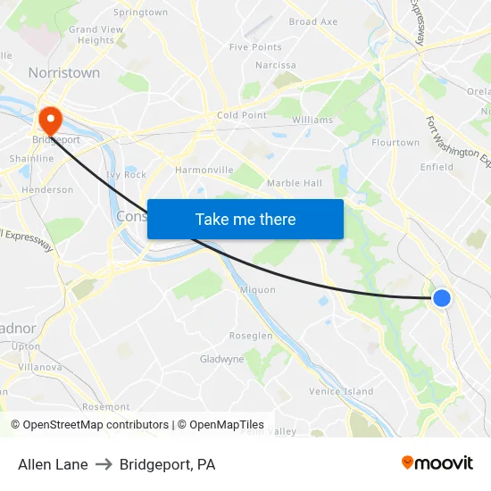 Allen Lane to Bridgeport, PA map